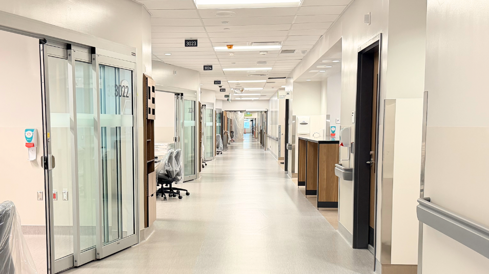 Critical care corridor and patient-room entrances at New St. Paul’s Hospital