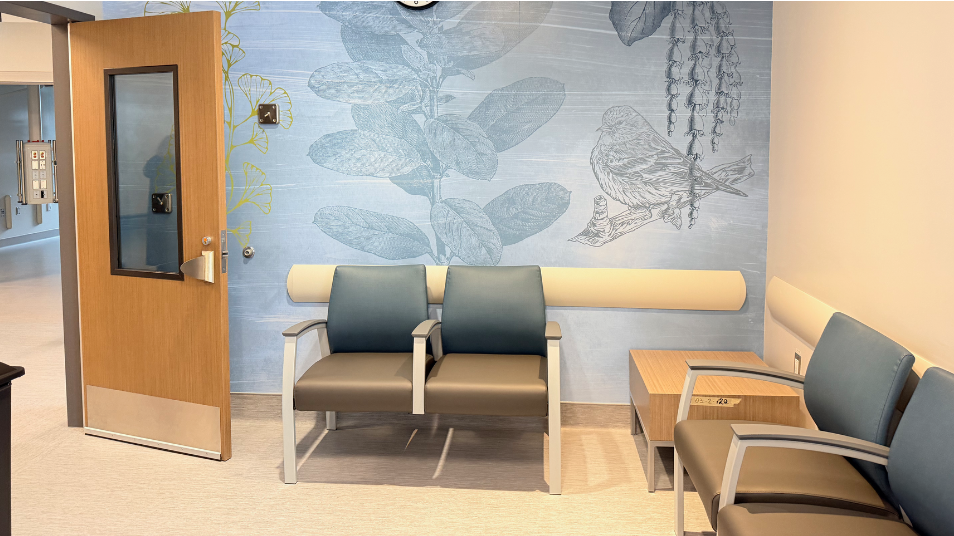 Seating area with a nature-inspired feature wall at New St. Paul’s Hospital