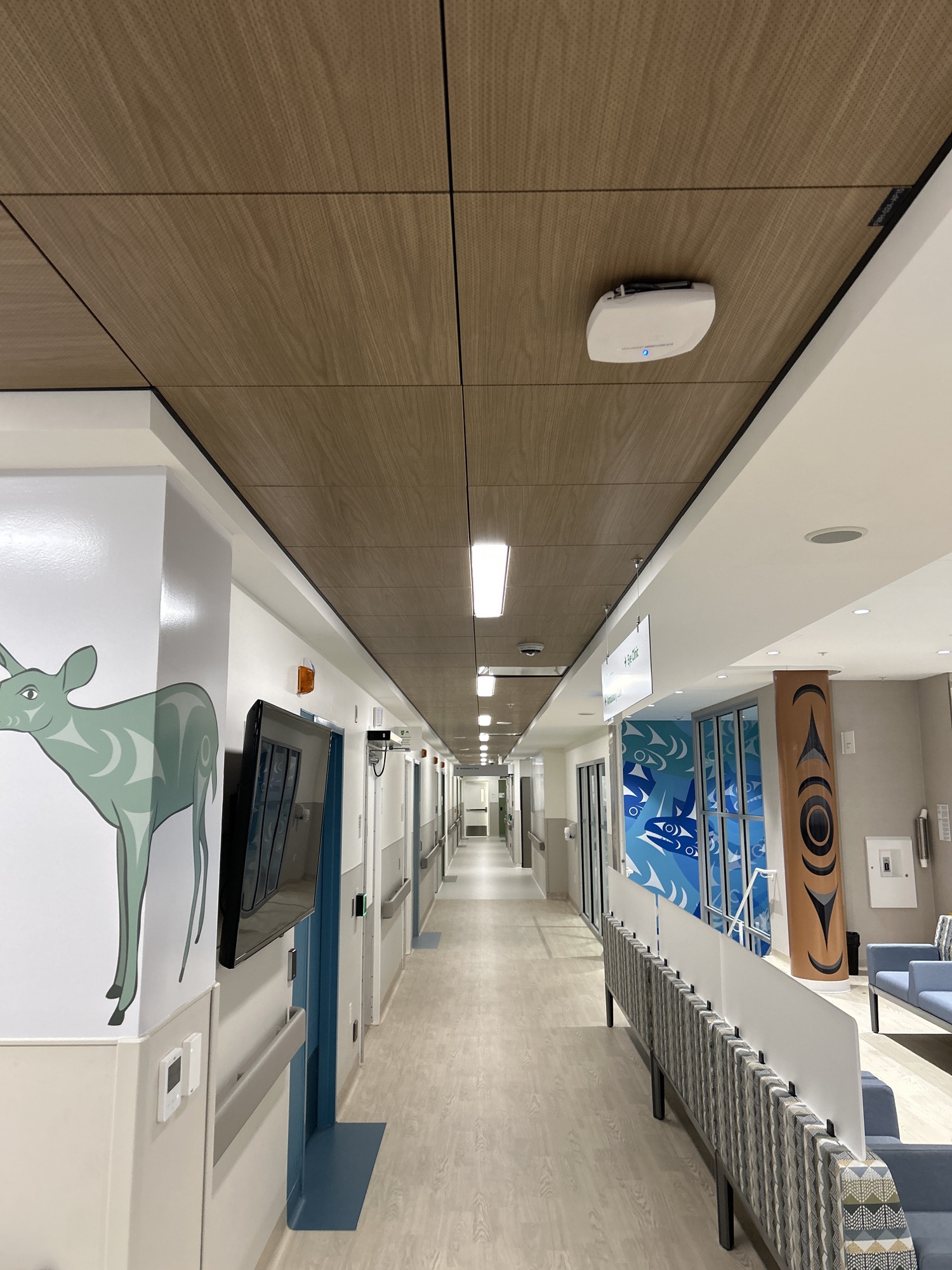 Finished corridor with wood-look ceiling and artwork at Vancouver DTES UPCC